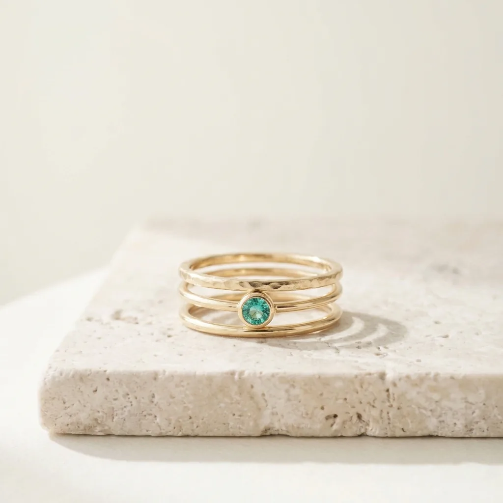 Três anéis finos de ouro empilhados, um com pedra verde-água