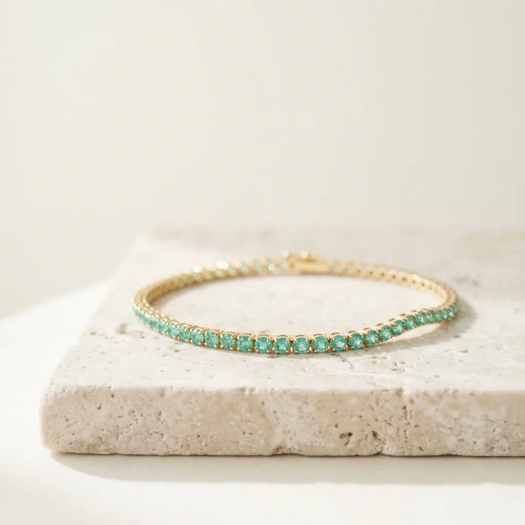 Pulseira riviera de ouro com pedras verde-água