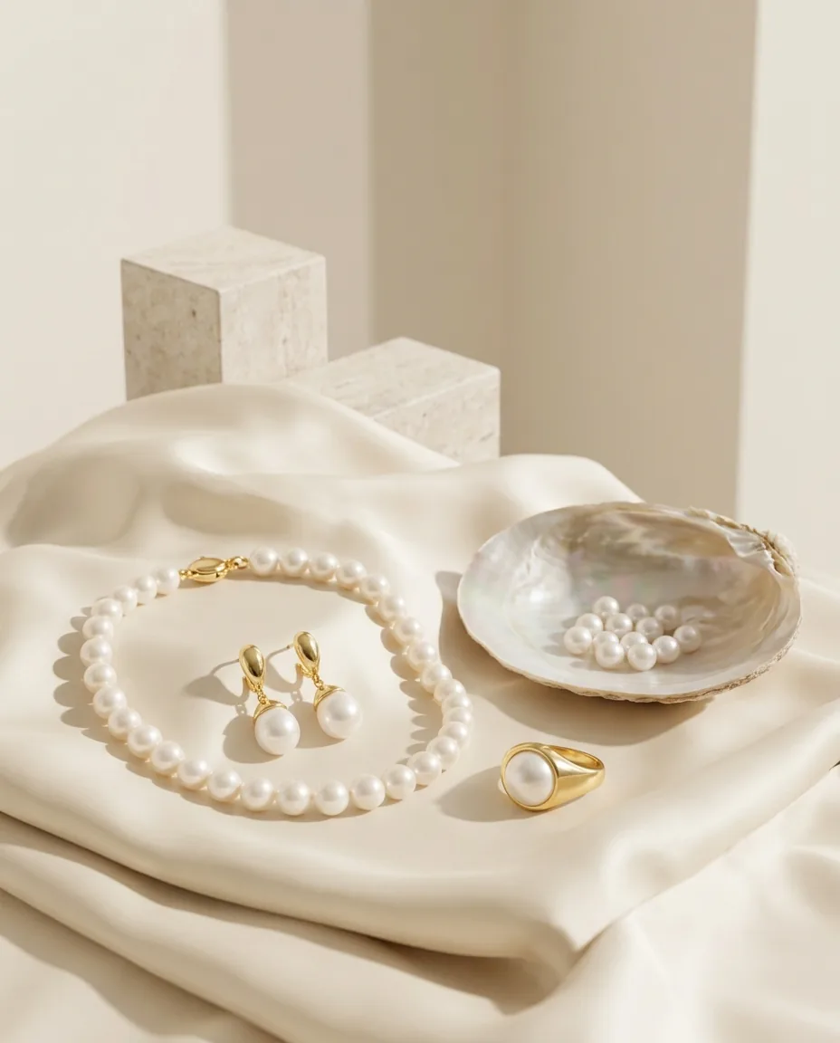 Joias de ouro com pérolas sobre seda marfim