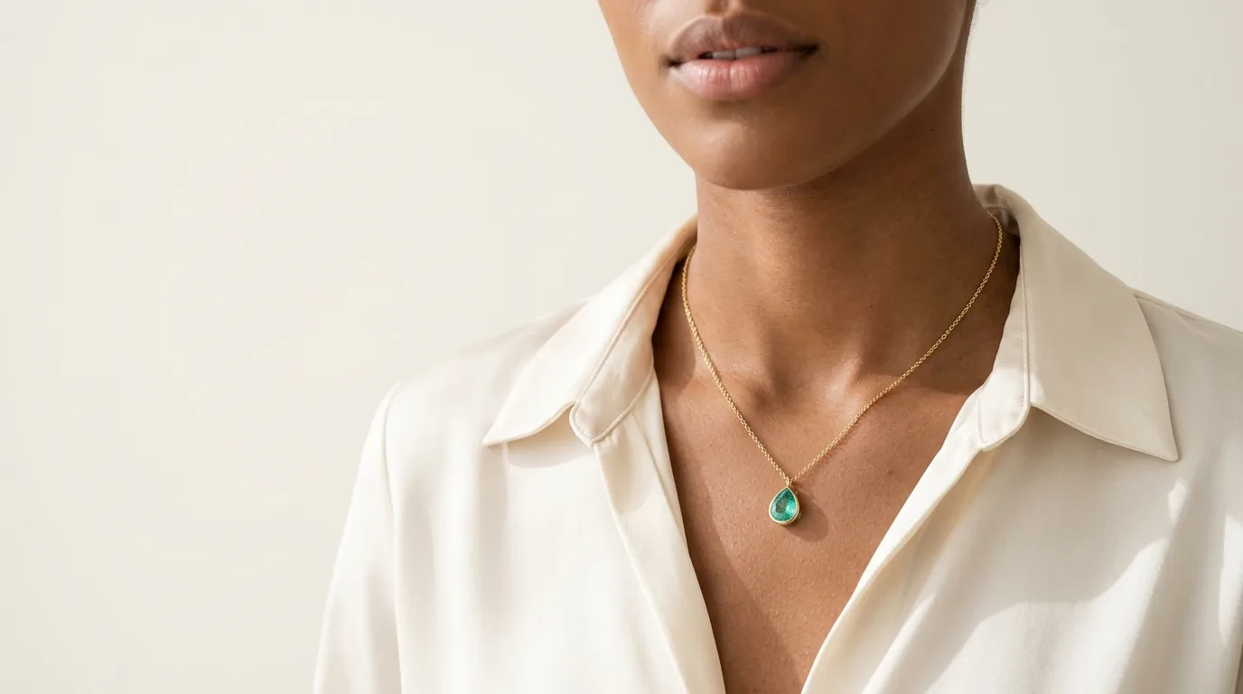 Mulher usando colar de ouro com pingente em gota verde-água