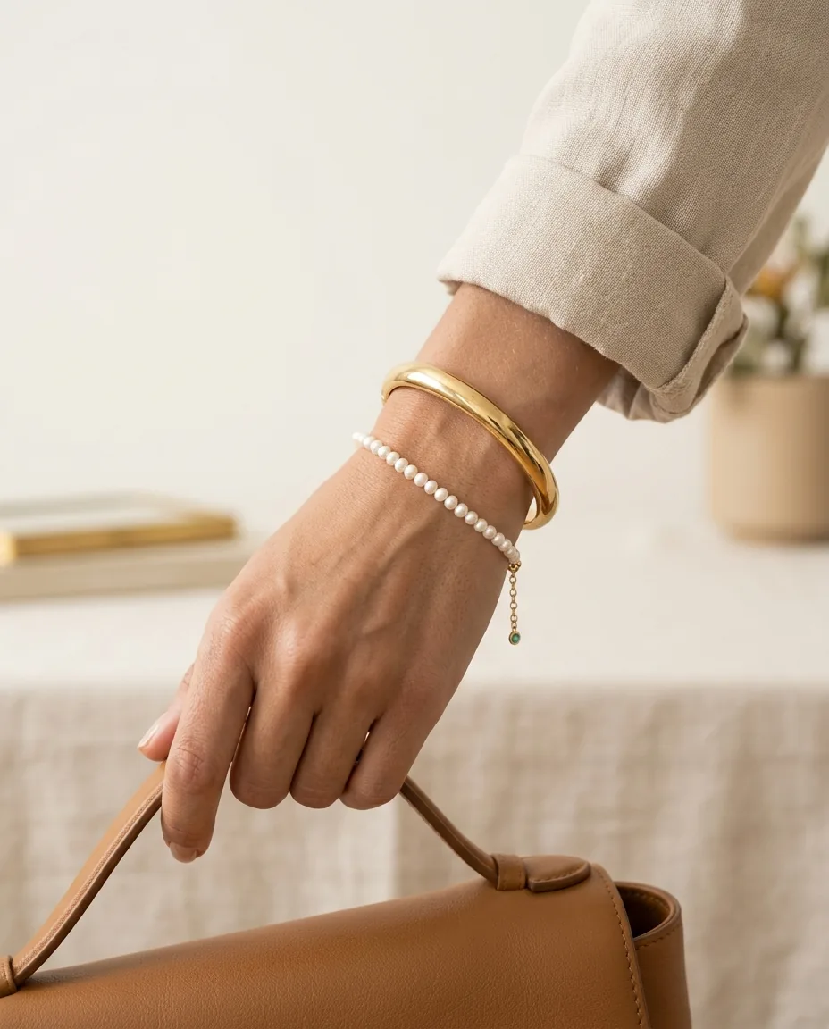 Pulso com bracelete de ouro e pulseira de pérolas